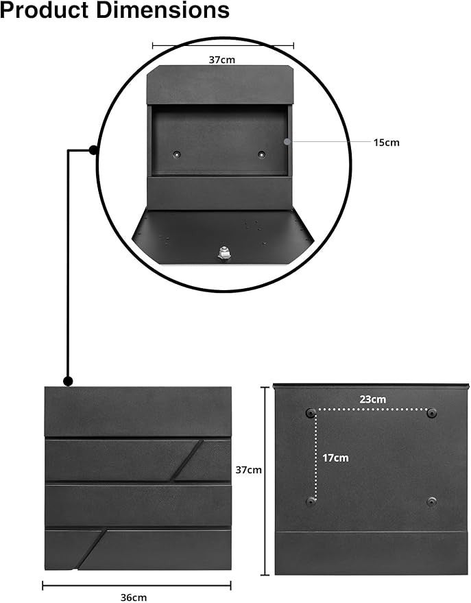 Lockable Wall Mounted Mailbox Black Steel Weatherproof Post Box w/ Keys & Holder