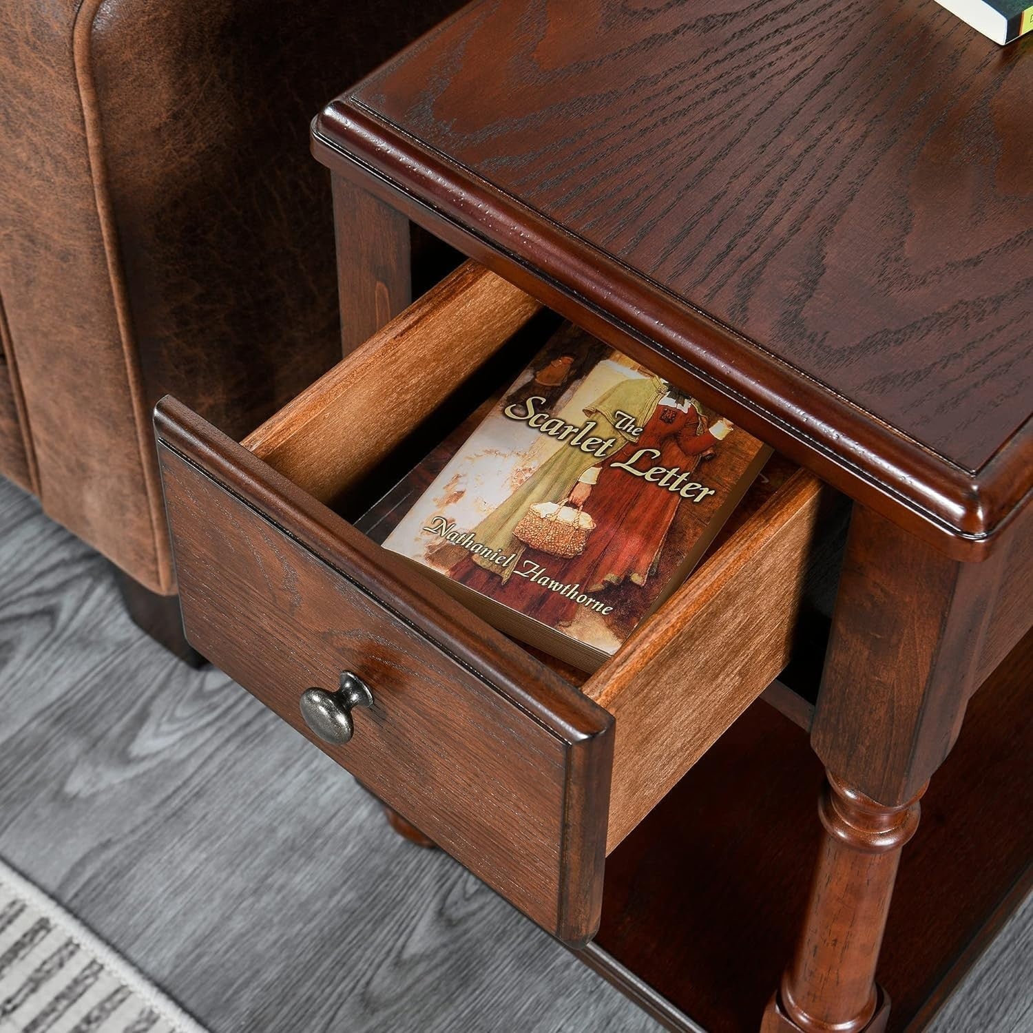 Solid Wood Narrow End Table with Drawer & Shelf – Dark Walnut Side Table