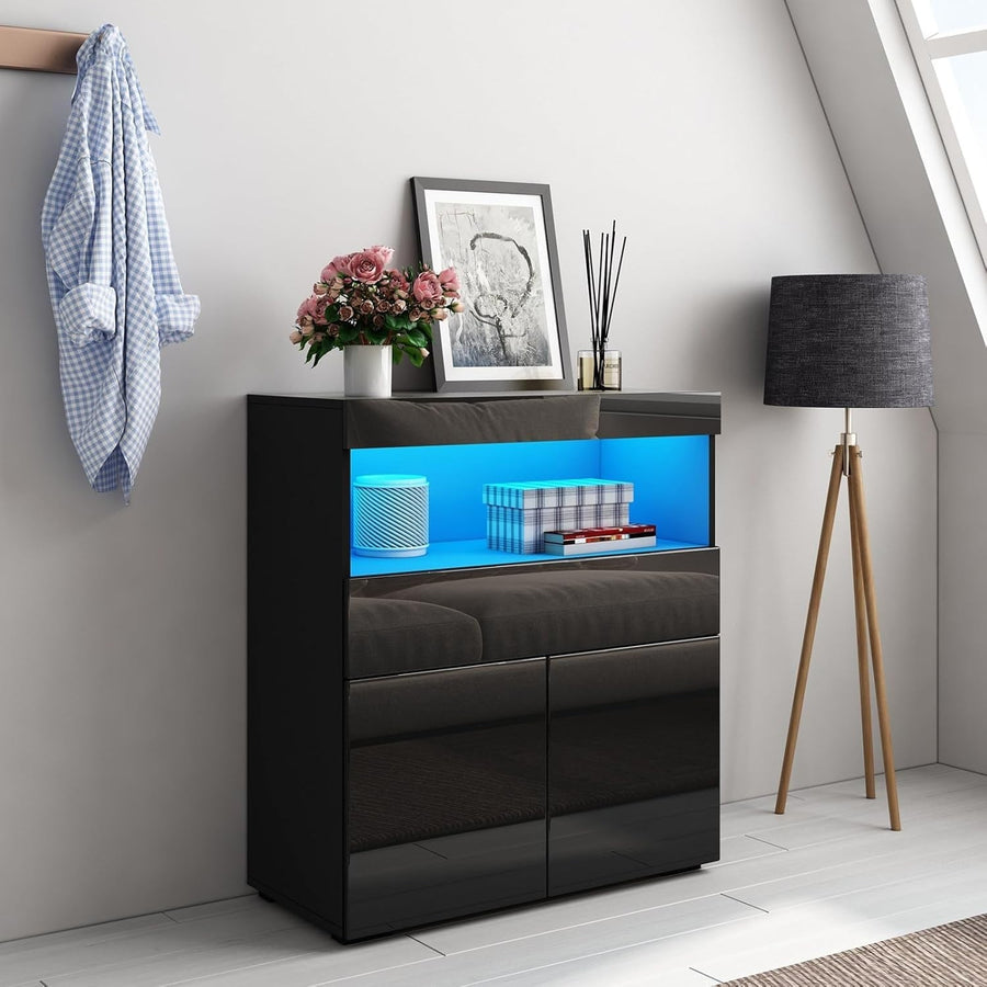 Black LED Sideboard Cabinet Gloss Storage Unit 2 Door 1 Drawer 90cm