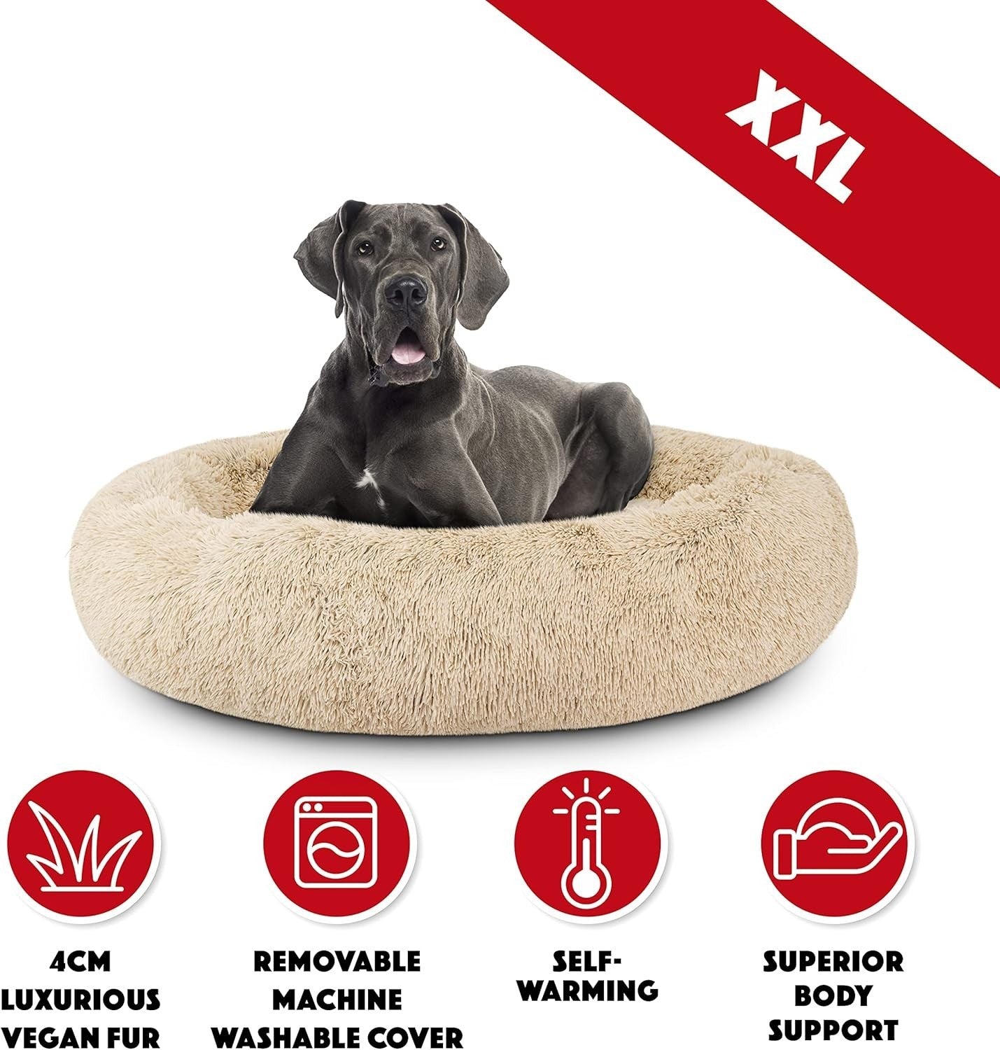 XXL Plush Donut Dog Bed 137cm Calming Round Nest Washable