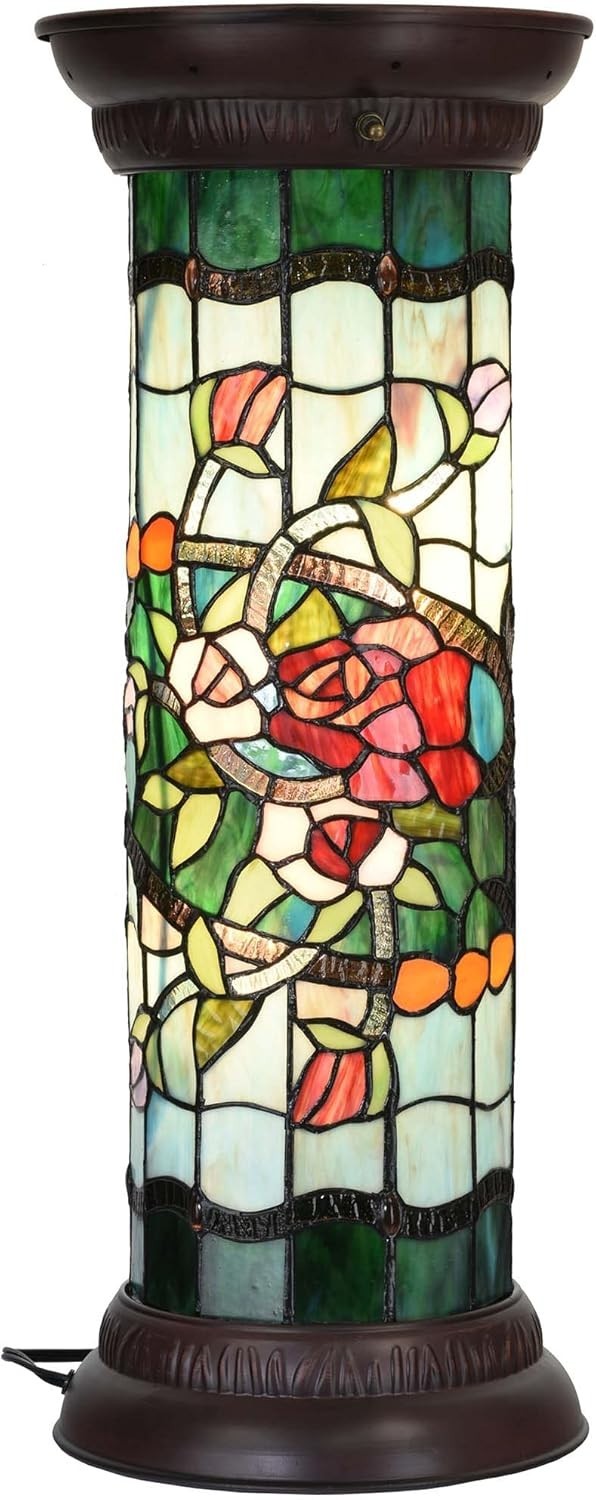 Rose Stained Glass Floor Lamp, 28" Antique Tiffany Style Pedestal Light
