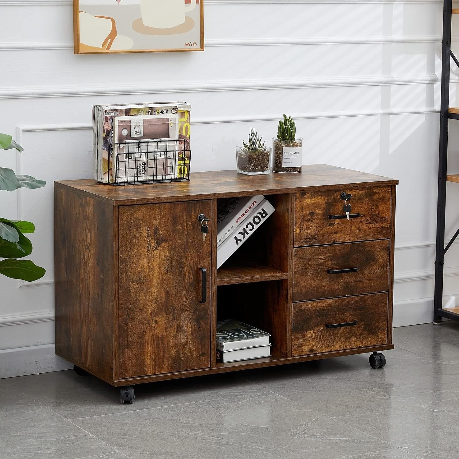 Rustic Brown Locking Rolling File Cabinet 3 Drawer Large Printer Stand