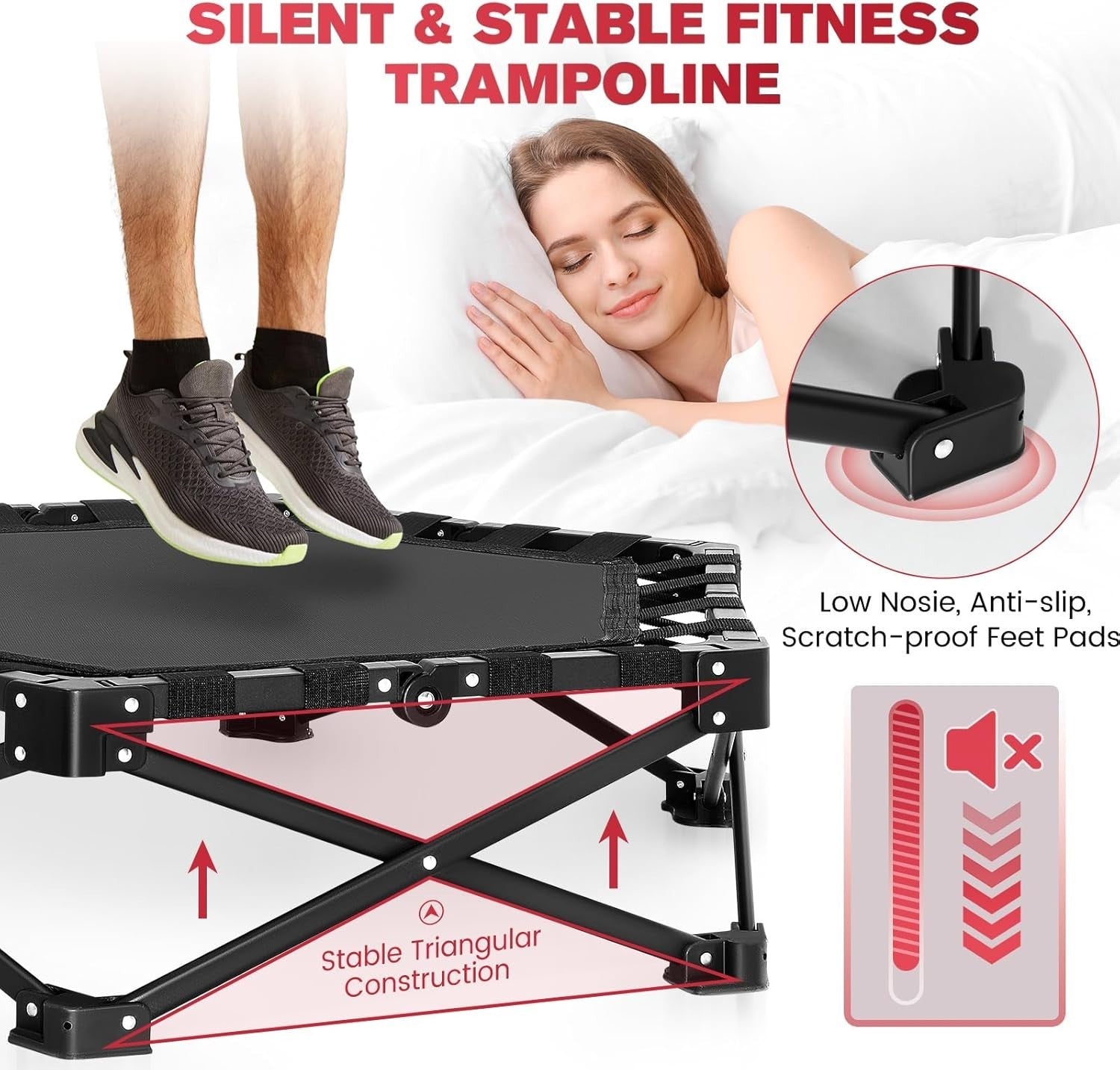 Foldable Fitness Trampoline Indoor Rebounder w Adjustable Handle 150kg