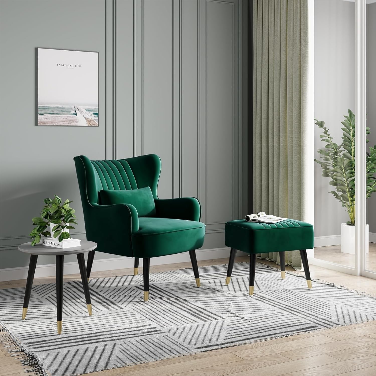 Velvet Wingback Armchair w/ Ottoman & Pillow Green Lounge Chair Home