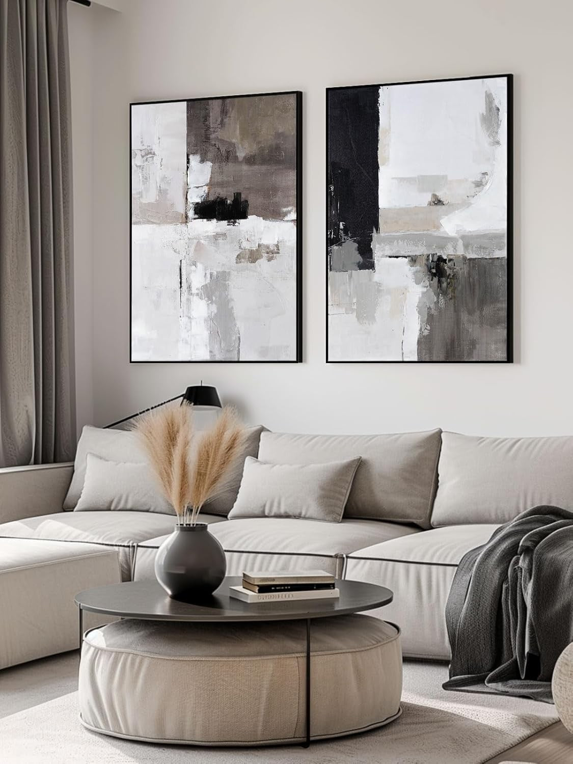 Grey Black Abstract Canvas Wall Art 2 Panels 24x36" Modern Decor