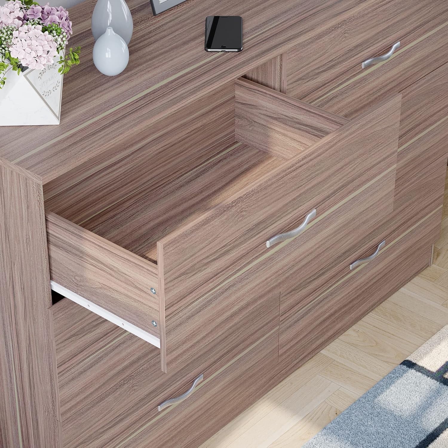Walnut 6 Drawer Chest Bedroom Storage Unit Sliding Drawers Flatpack