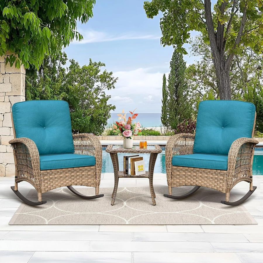 Rocking Rattan Bistro Set for 2 Outdoor Chairs Cushions Glass Table