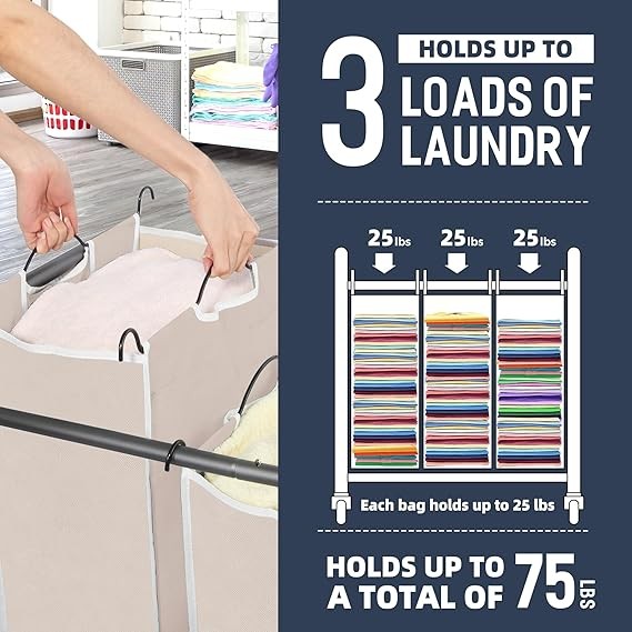 3-Section Rolling Laundry Sorter Cart with Bags & Lockable Wheels Beige 75×43×80