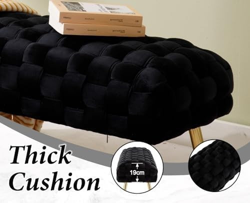 Velvet Ottoman Bench with Gold Metal Legs, Black Upholstered Entryway Seat