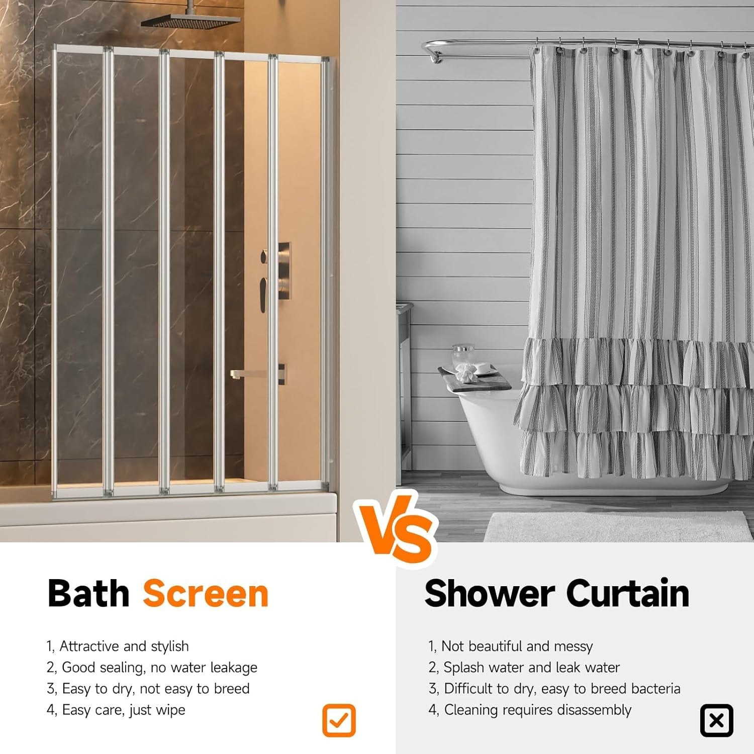 5 Panel Folding Shower Screen 1200x1400mm Tempered Glass Bath Screen Silver