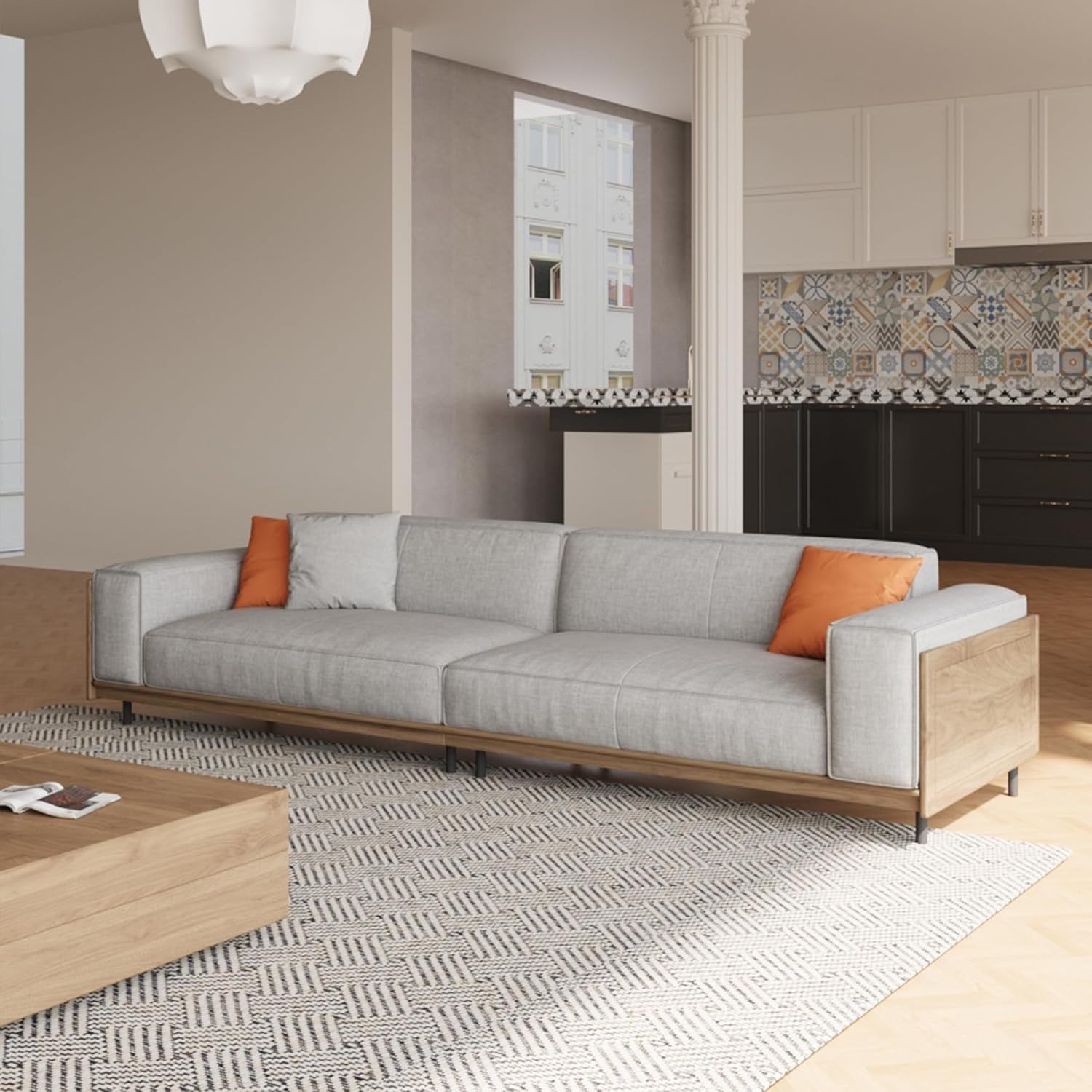 Modern Light Grey 4-Seater Sofa with Wooden Base & Decorative Cushions