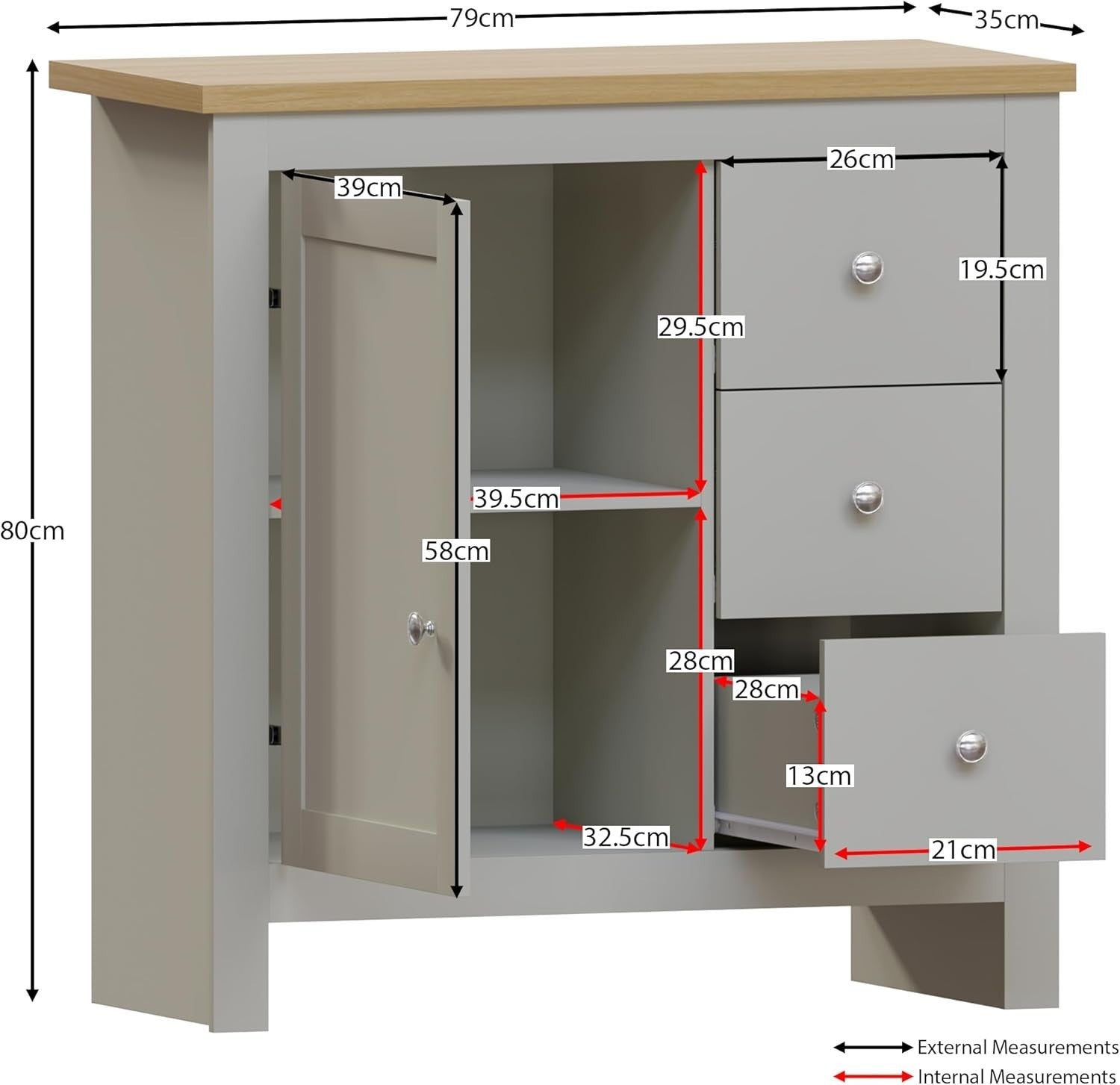 Grey Sideboard Storage Cabinet Unit with 3 Drawers 1 Door Oak Top Hallway