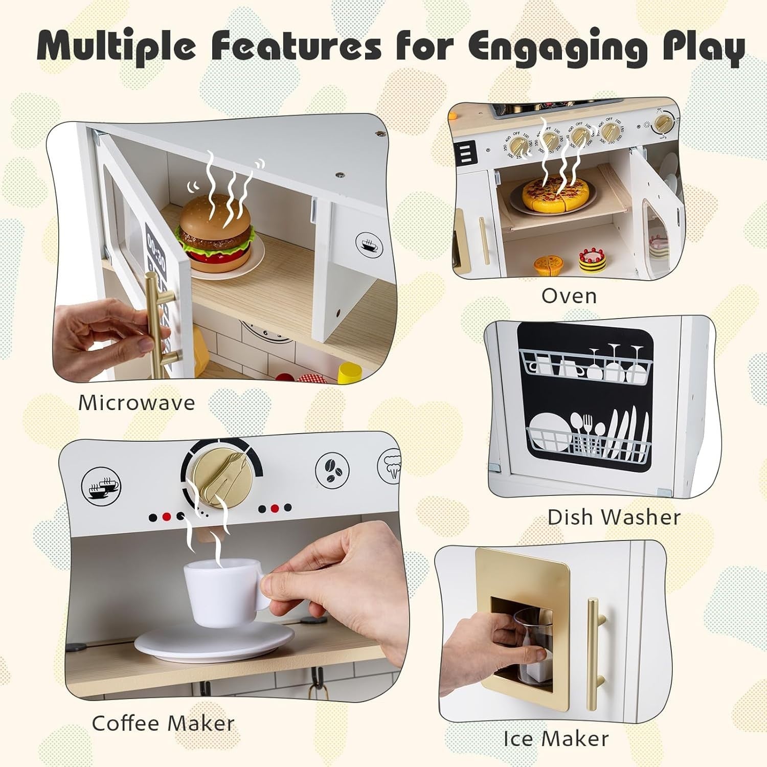 Wooden Kids Play Kitchen White Lights Sounds Coffee Maker Toy Set