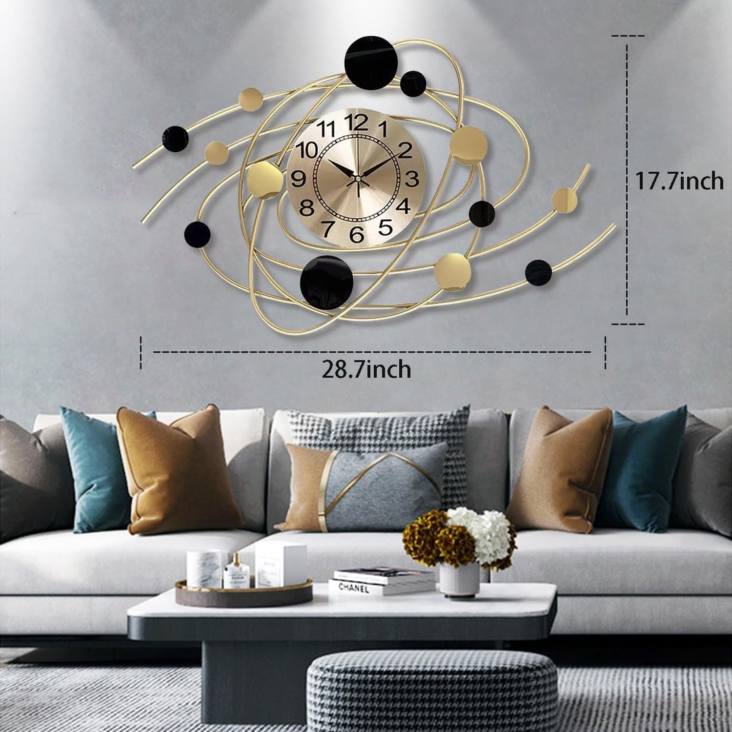 Large Silent Wall Clock Gold Art Deco Modern Home Decor 28.7" Oversized