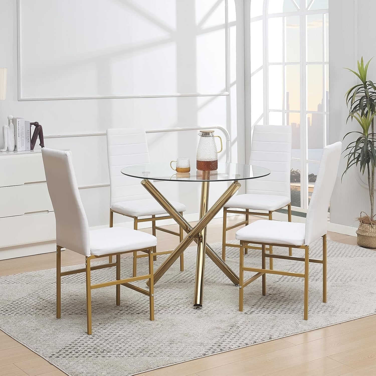 Glass Round Dining Table Set 4 Chairs Gold Legs Small Space Kitchen