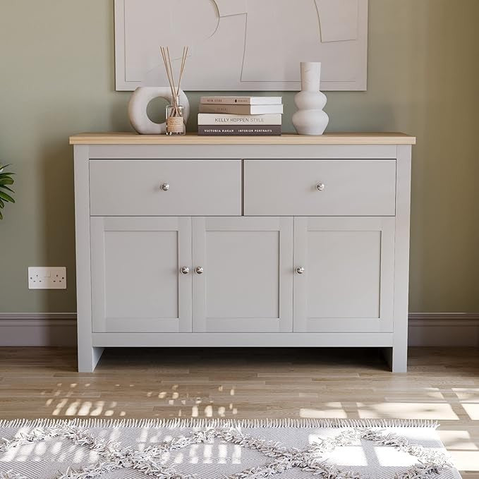 Modern Grey & Oak Sideboard Buffet Table 2 Drawer 3 Door Storage Cabinet