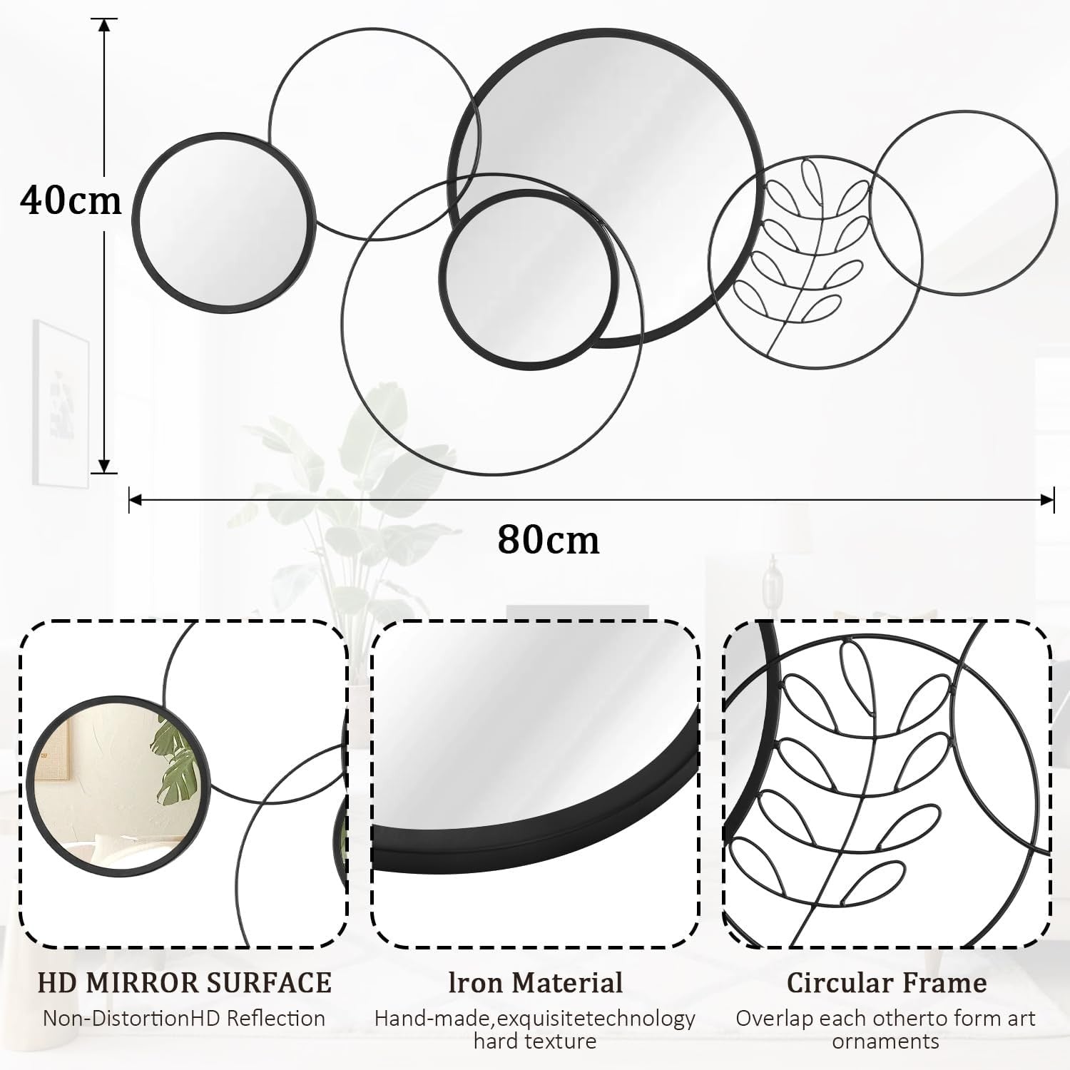 4Pcs Round Wall Mirror Set Black Metal Frame 40x80CM