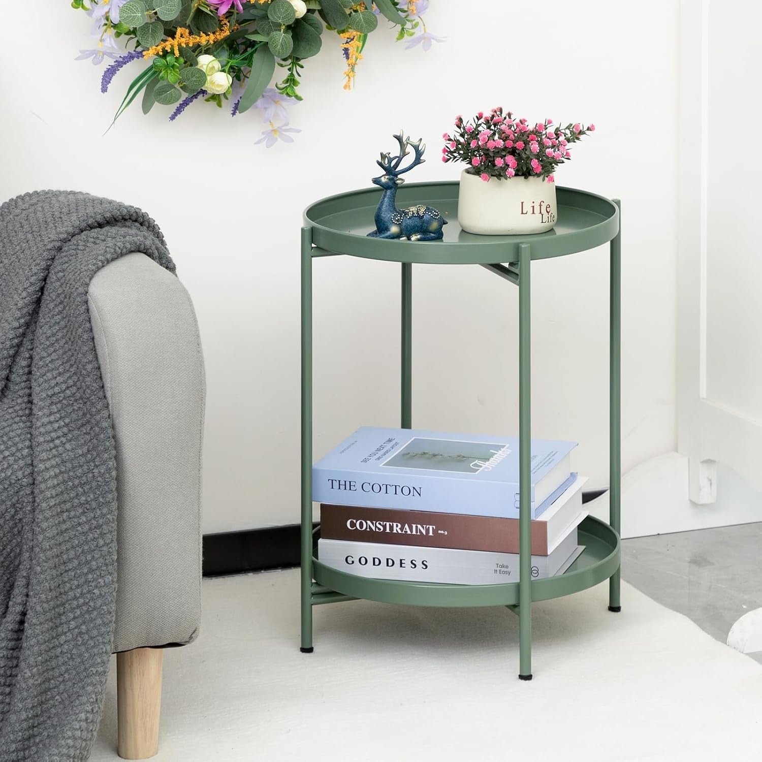 Small Round Metal Side Table 2-Tier Coffee Table Removable Tray Green
