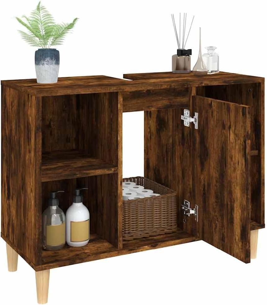 Smoked Oak Bathroom Sink Cabinet – Modern Vanity Unit with Shelves 80cm