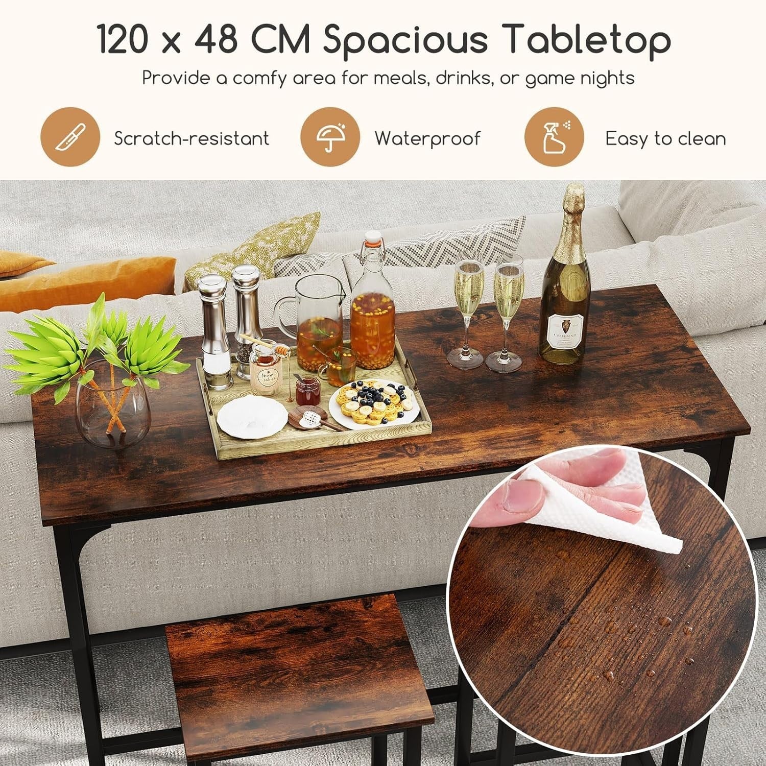 3 Piece Bar Table Set 2 Stools Space Saving Counter Height Dining Coffee Black