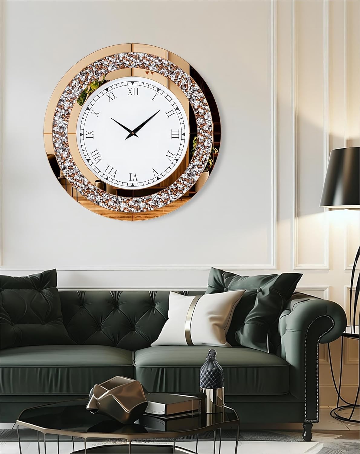 60cm Mirrored Wall Clock Crushed Diamond Inlay Roman Numerals Bling Decor
