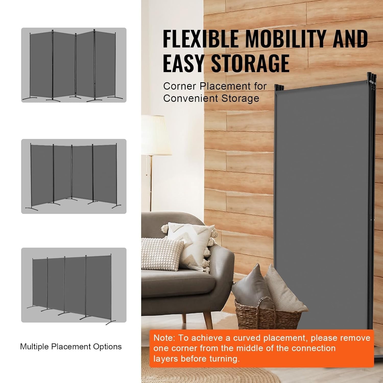 4 Panel Folding Room Divider Grey Fabric Freestanding Privacy Screen 360x184cm