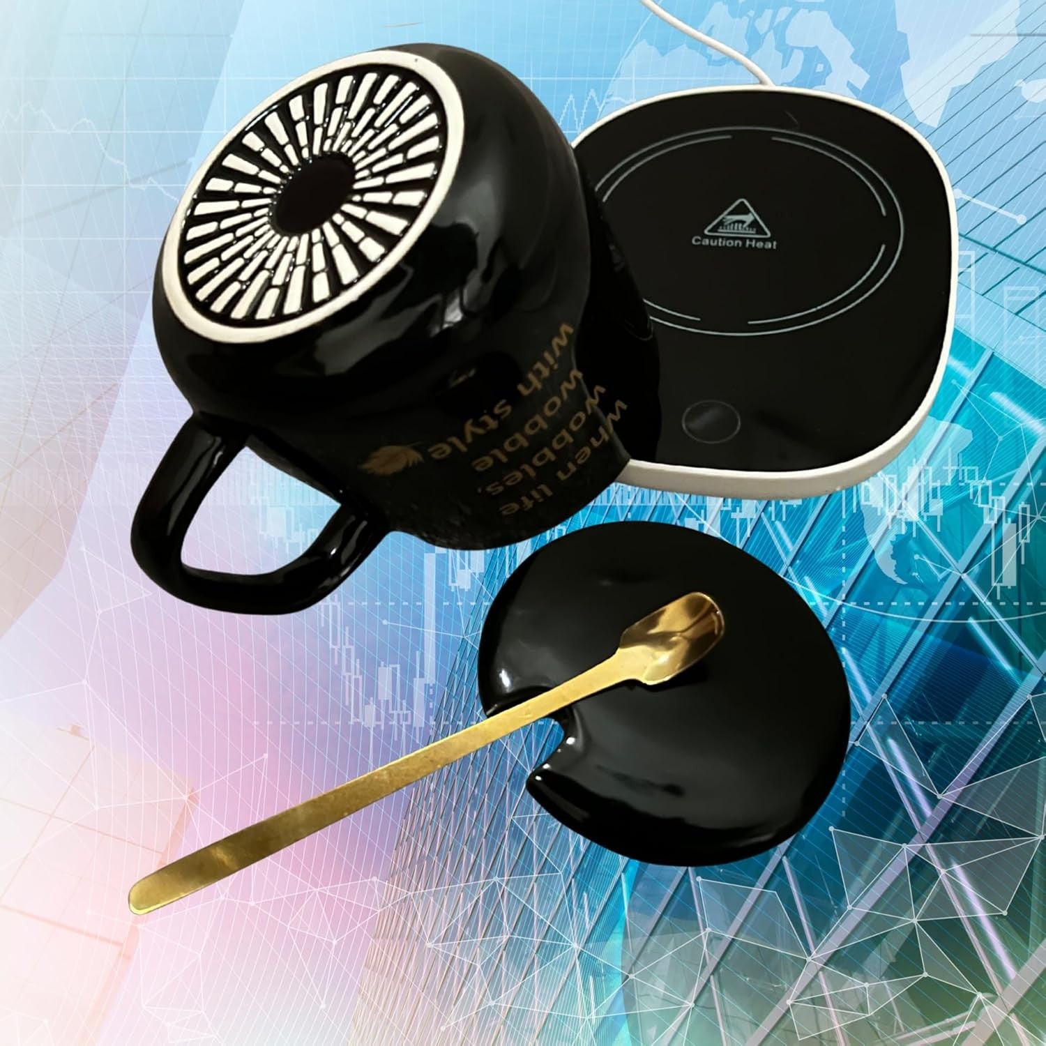 Ceramic Coffee Mug Set with USB Warmer Plate Lid Spoon