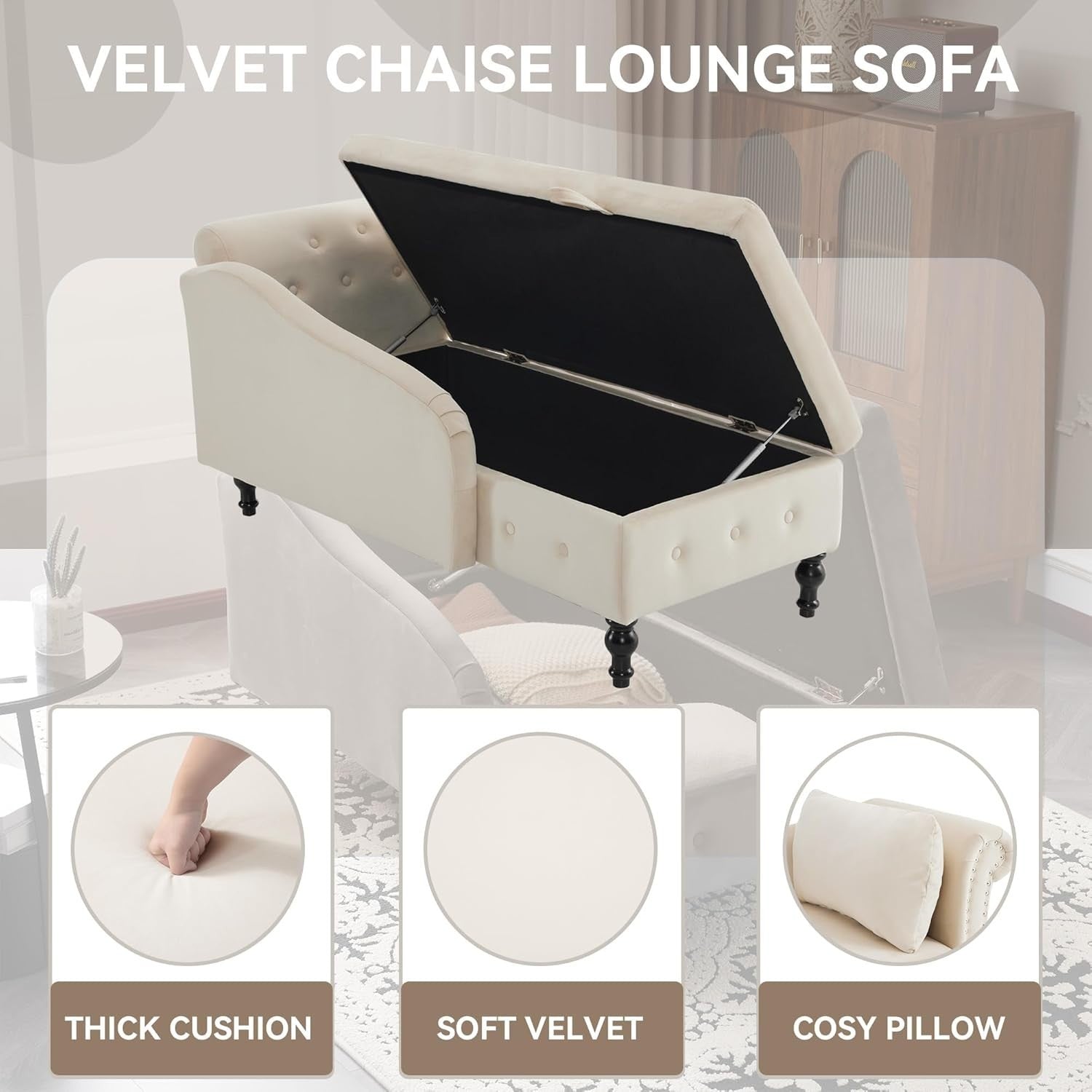 Chaise Lounge Sofa with Storage Button Tufted Velvet Ergonomic Couch