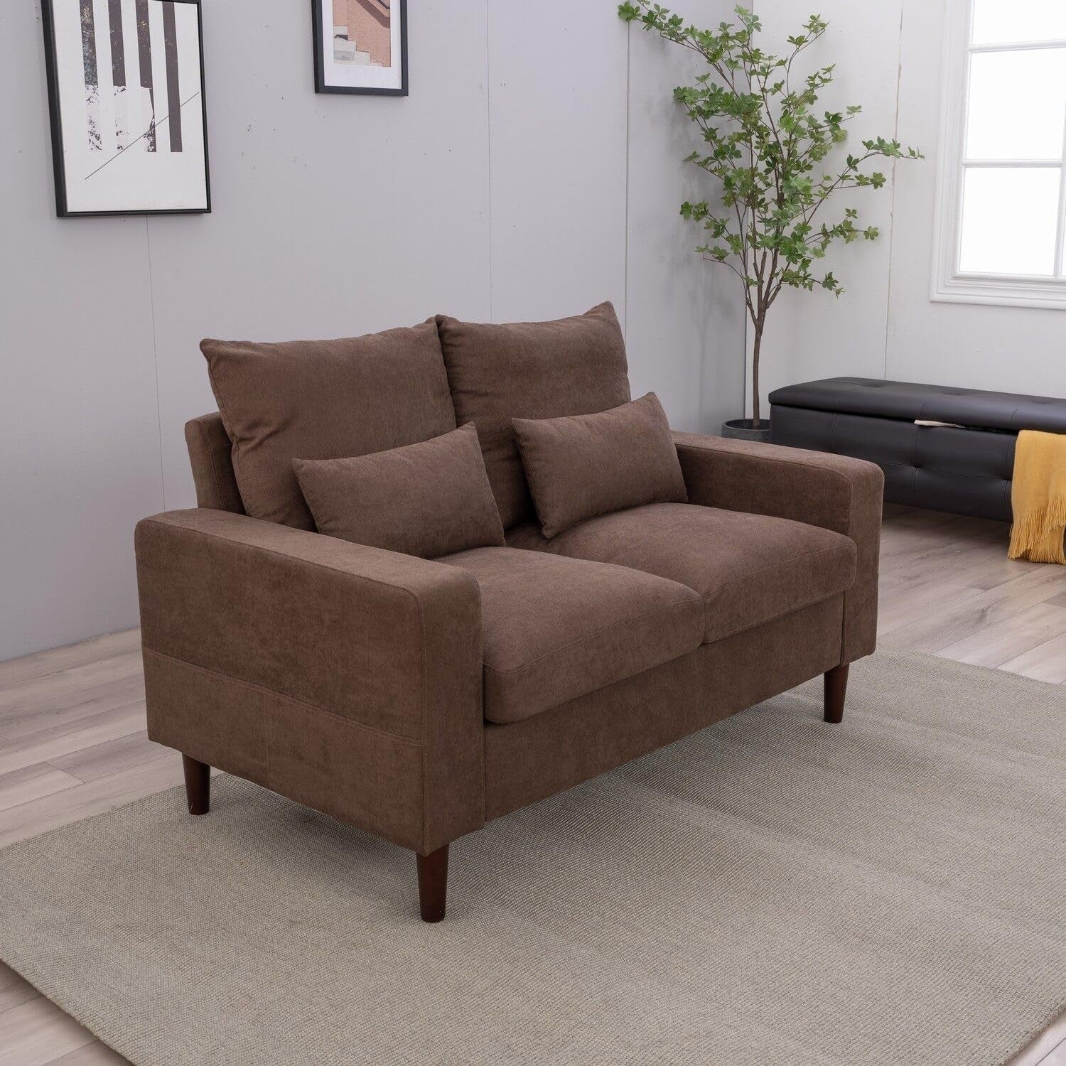2 Seater Sofa Brown Linen Fabric Small Couch Modern Solid Wood Legs + Cushions