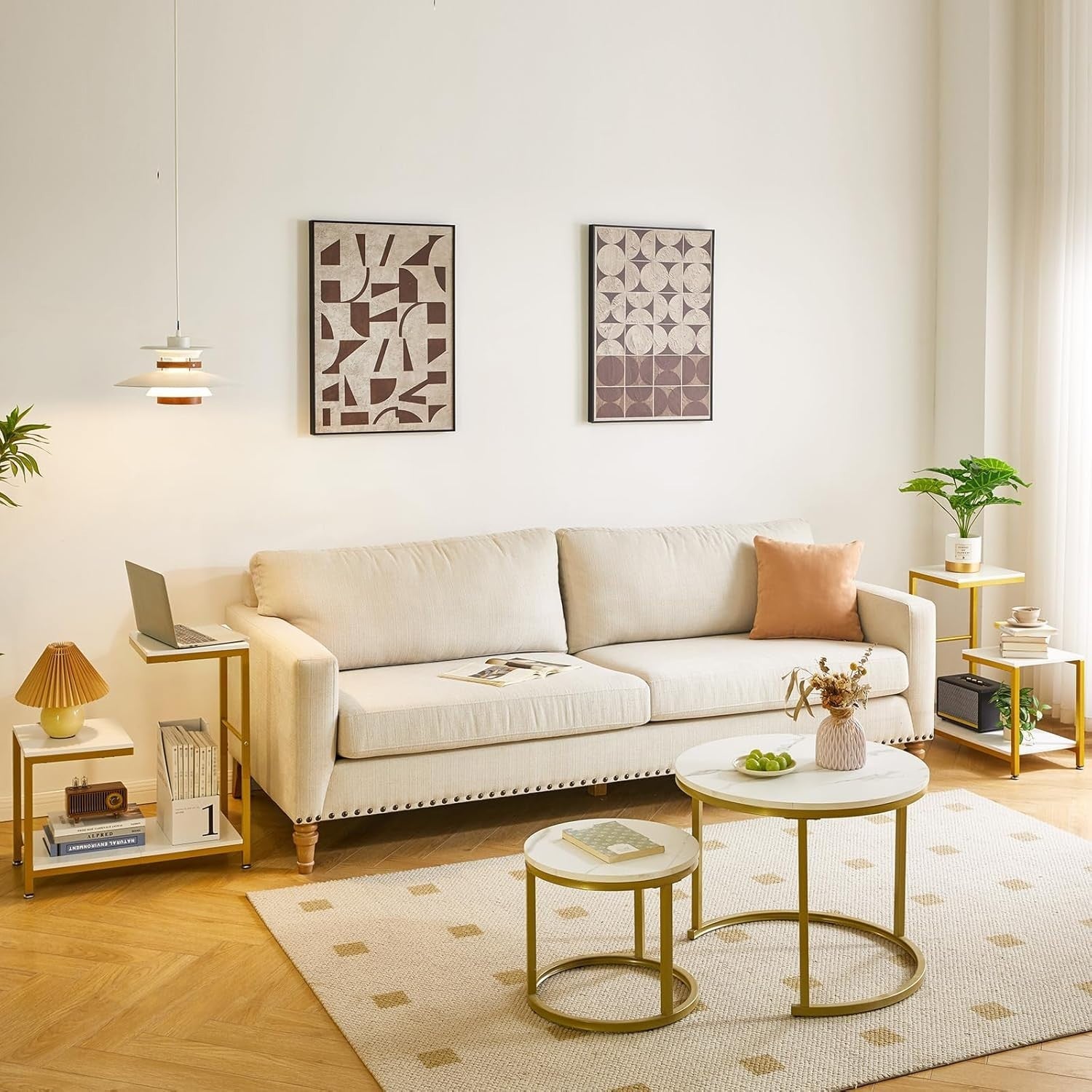 White G-Shaped Side Table 29x60x63.5 cm | Small End Table w/ 3-Tier Storage
