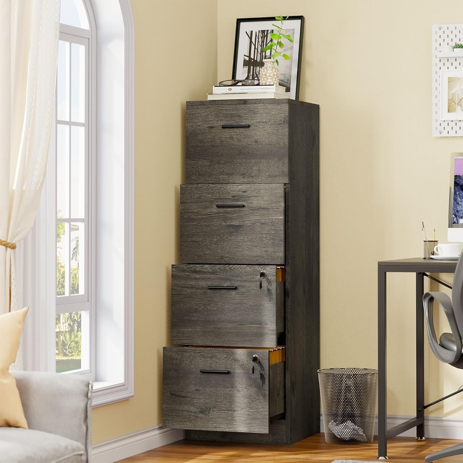 Grey Vertical Filing Cabinet 4 Drawer Lockable 131cm A4 Storage