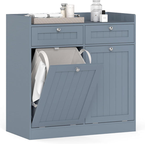 Grey Tilt-Out Laundry Cabinet with 2 Drawers & 2 Hampers Modern Bathroom Storage