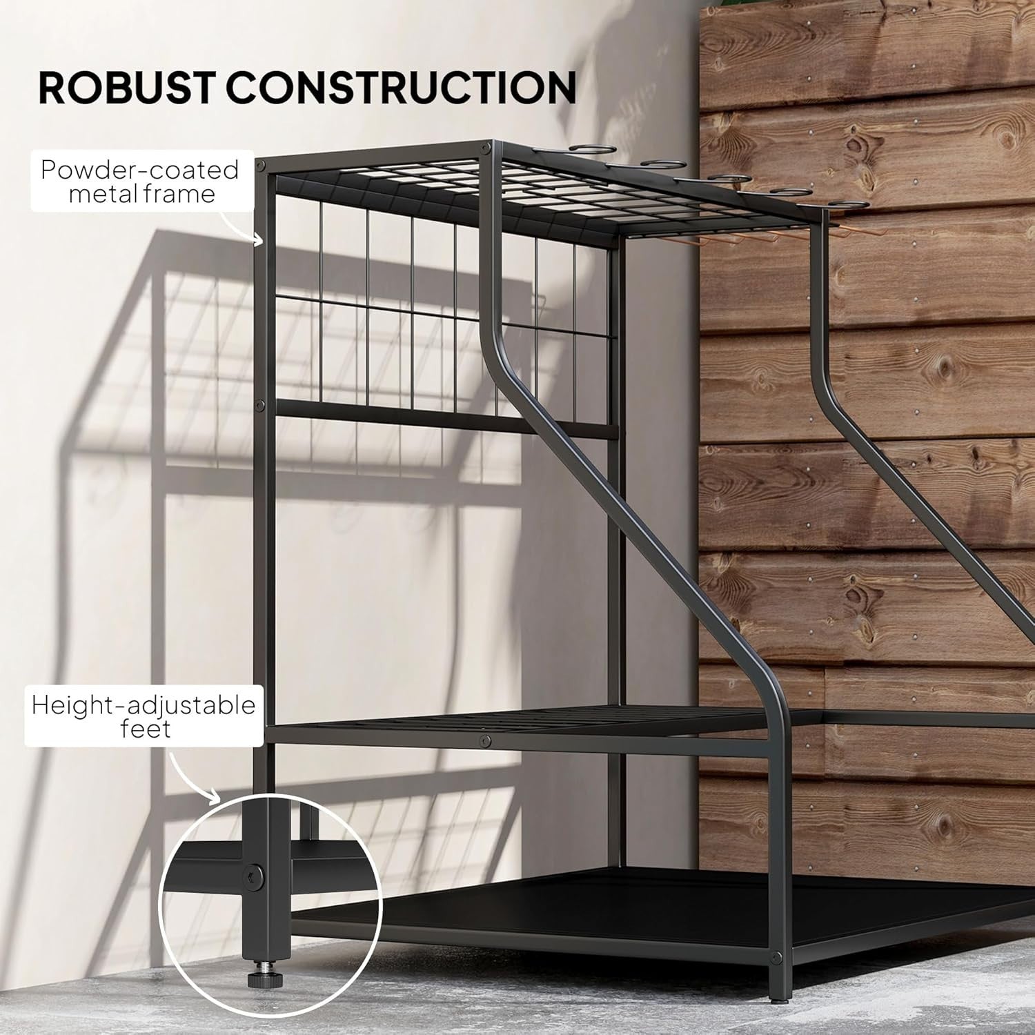 3-Tier Garden Tool Rack 11 Hooks Corner Shed Organizer Black Metal