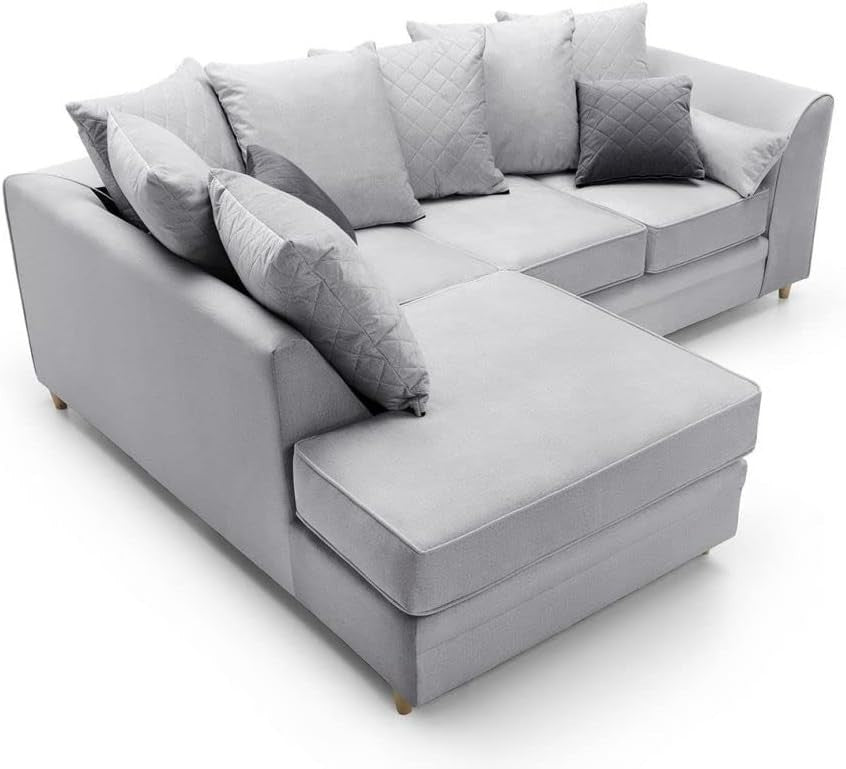 Light Grey L-Shaped Corner Sofa Velvet Fabric Water-Repellent 3 Seater