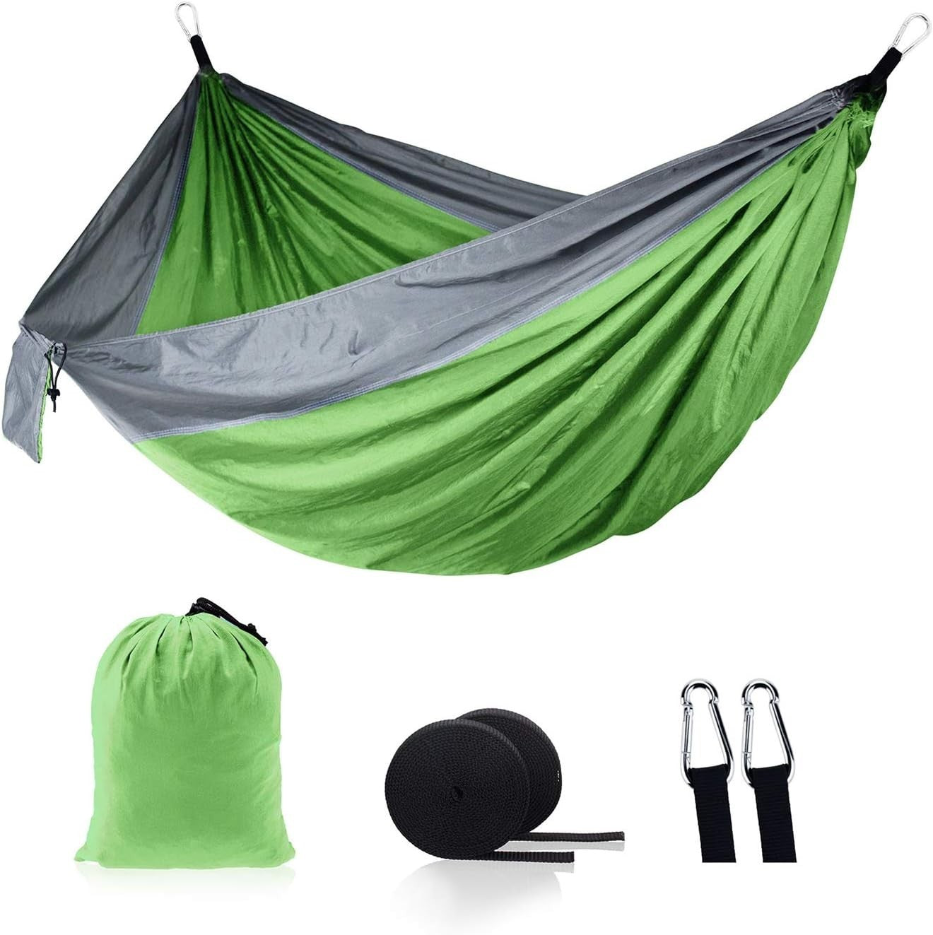 Double Camping Hammock for 2 Portable Nylon Lightweight, Quick Setup Green Gray.