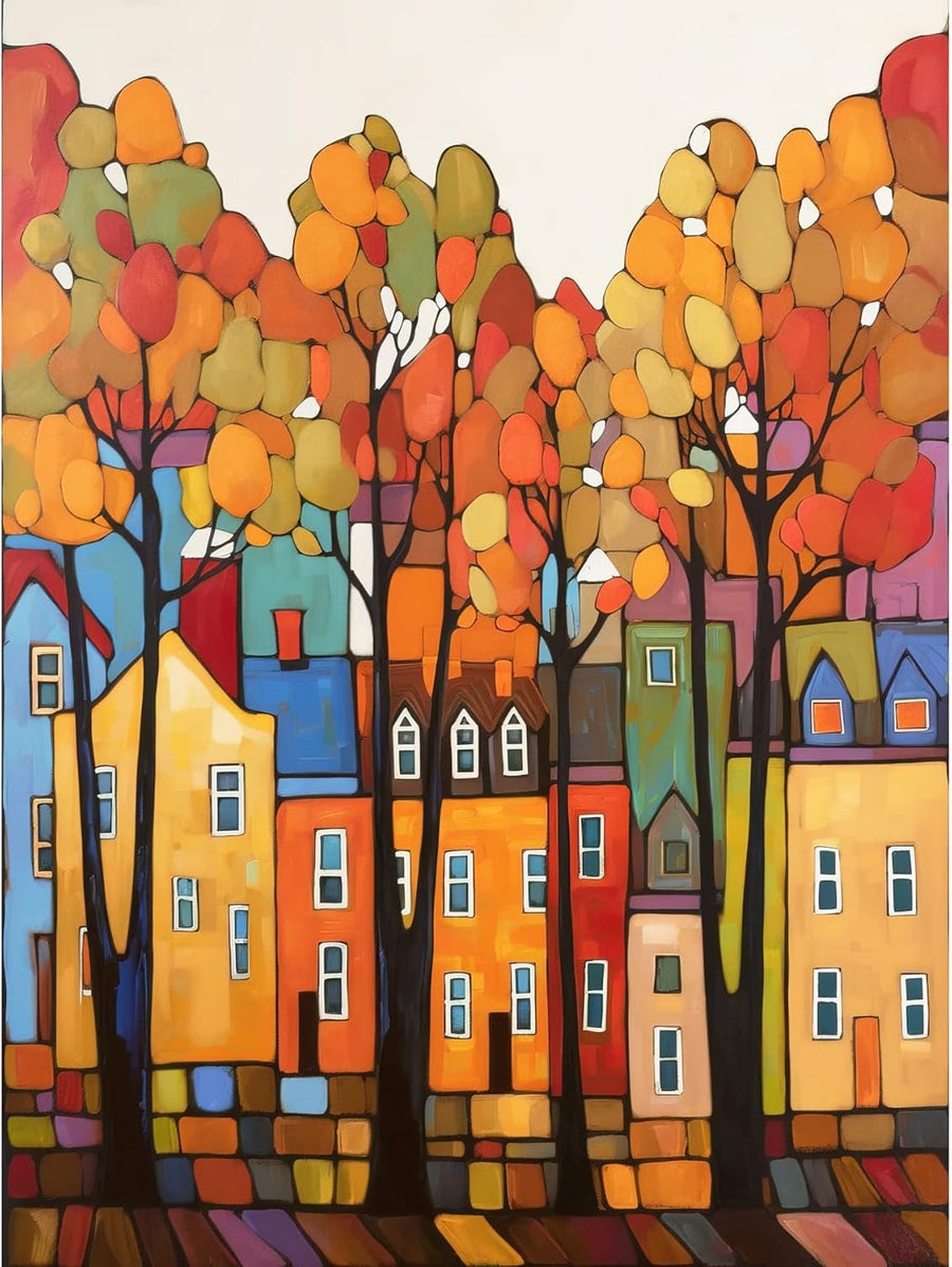 Multicoloured Autumn Street Canvas Wall Art Folk Art Home Decor