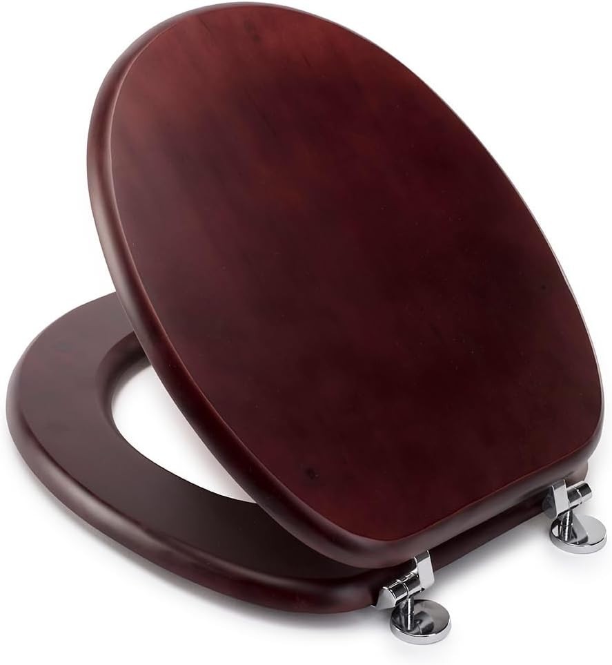 Solid Wood Toilet Seat Mahogany Wooden Oval Adjustable Hinges Chrome Fixings