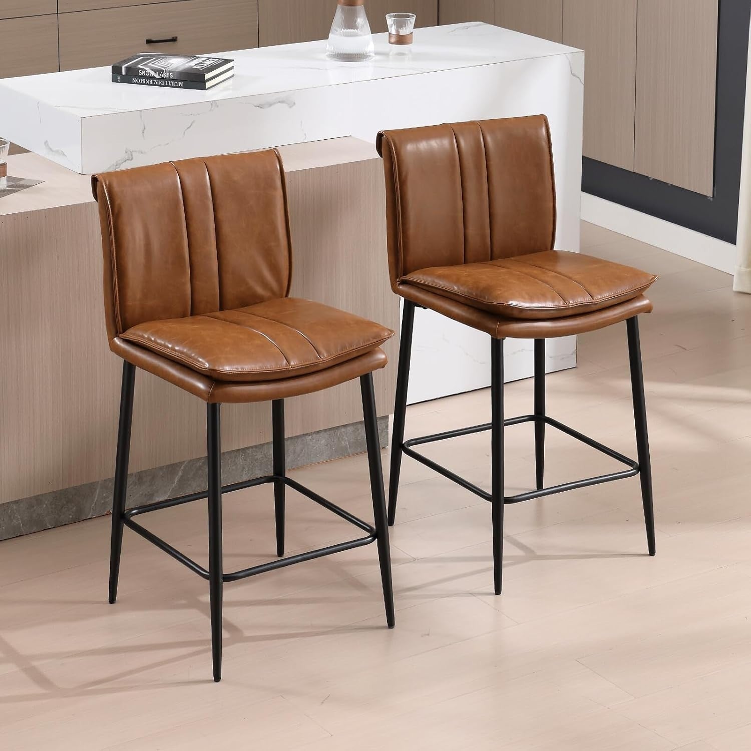 Brown Bar Stools Set of 2 – Faux Leather Counter Chairs with Footrest