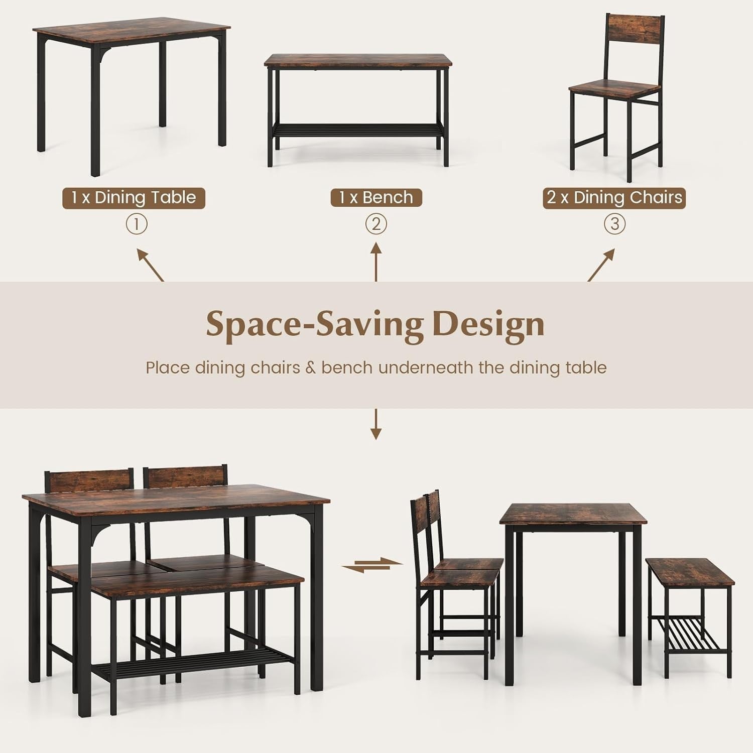 Rustic Brown Industrial Dining Set with Bench & Storage Shelf – Seats 4