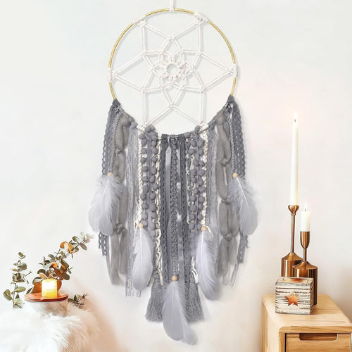 Boho Dream Catcher 64cm Woven Grey Feather Wall Hanging Decor