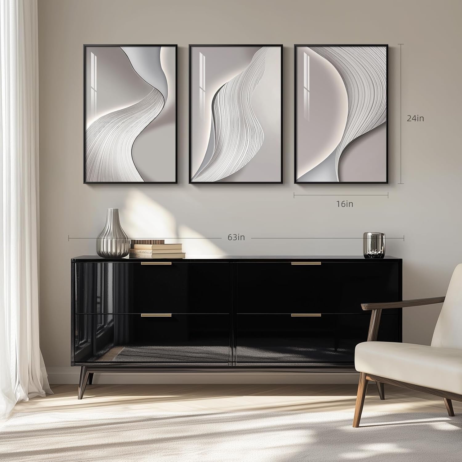 Framed Abstract Wall Art Set of 3 Grey Silver Modern Prints