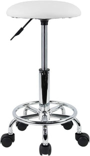 White Adjustable Swivel Rolling Stool with Wheels – PU Leather Seat