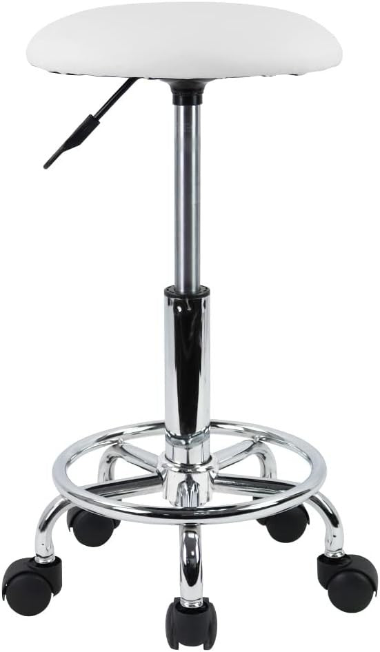 White Adjustable Swivel Rolling Stool with Wheels – PU Leather Seat