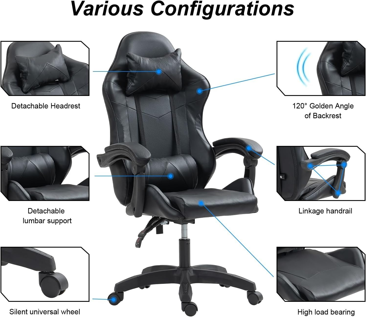 Ergonomic Faux Leather Gaming Chair Swivel Recliner Adjustable Height Black