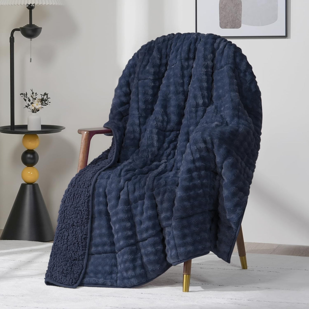 15lb Weighted Blanket, Navy Blue Bubble Sherpa Faux Fur 60x80 Cozy Plush