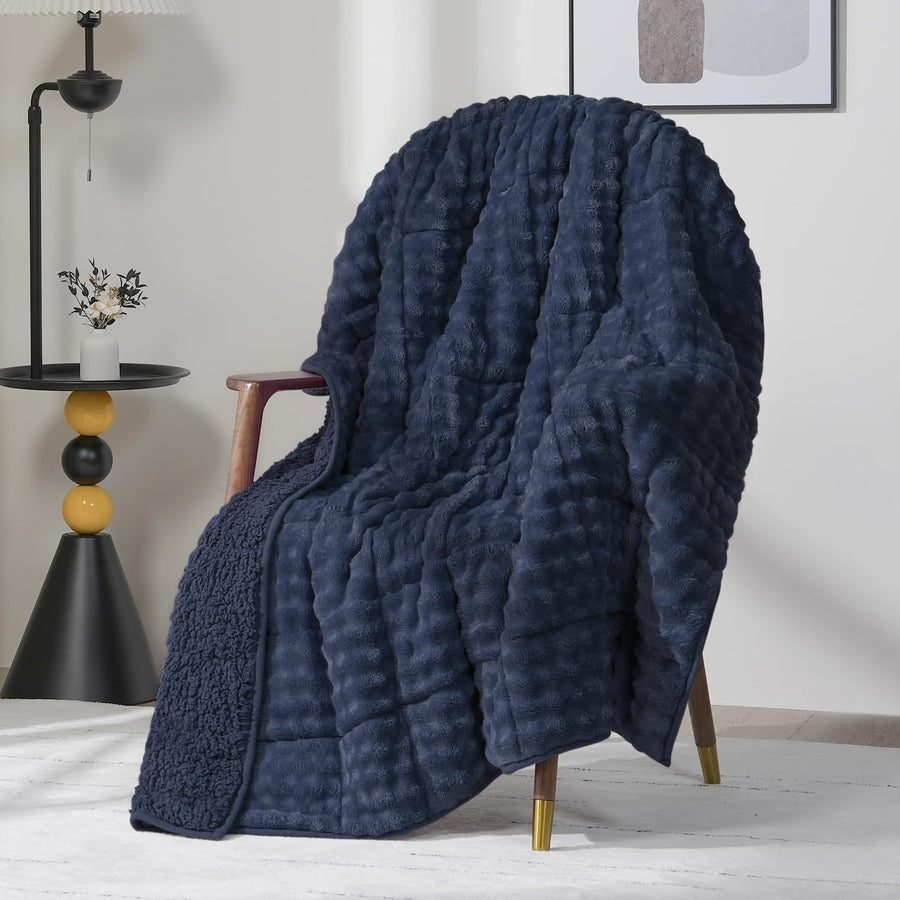 15lb Weighted Blanket, Navy Blue Bubble Sherpa Faux Fur 60x80 Cozy Plush