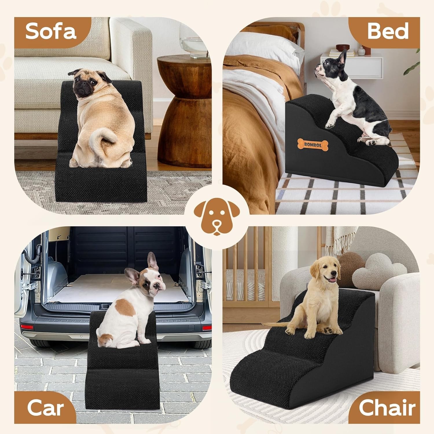 3 Step Dog Stairs Non Slip Pet Ramp for Bed Sofa Washable Black