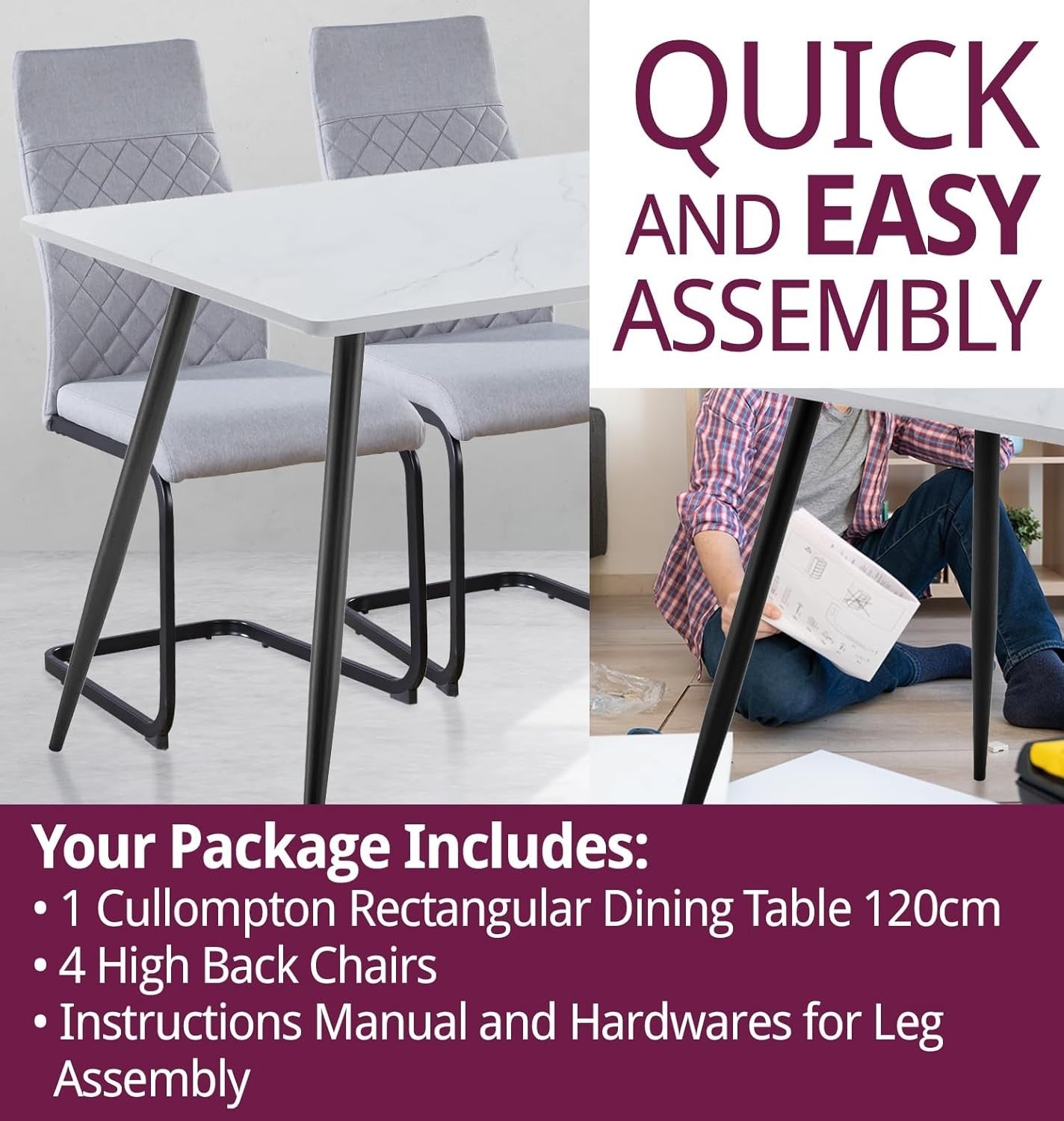 Marble Effect Dining Table & 4 High Back Grey Chairs – Small Kitchen Set