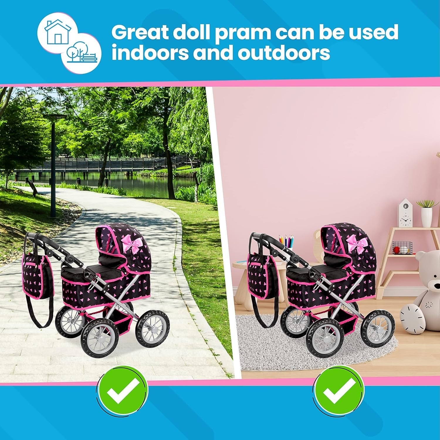 Dolls Pram Toy Pushchair Buggy Adjustable Handle 33-63cm for Kids