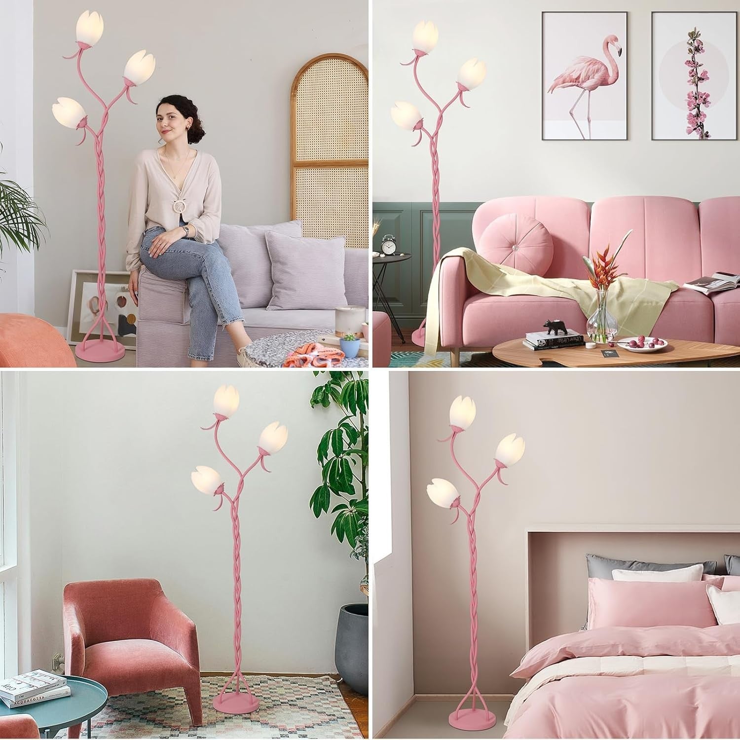 3-Light Pink Floor Lamp Tulip Shades LED Standing Lamp Bedroom Living Room